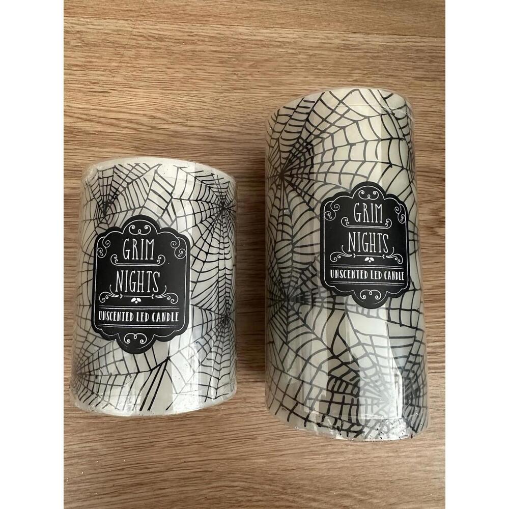 2Pc Grim Nights Unscented LED Candles Halloween Spider Webs 3x4” & 3x6”